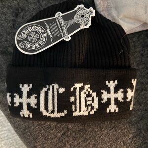 Chrome Hearts Black Beanie with White Cross Logo Knit Cuff